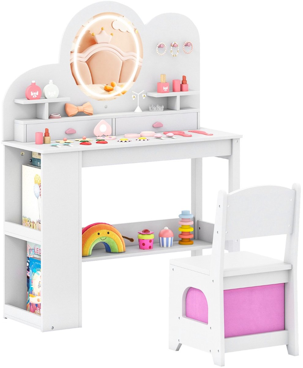 SureDeal® - Kaptafel - Kinderkaptafel - Lichte Prinsessenstijl Kaptafelset - 80,5x29,5x107 cm - Wit