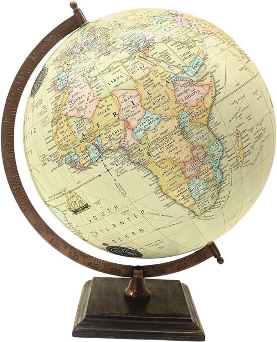 Antieke Wereldbol 30cm met Houten Voet - Vintage Decoratie en Educatief