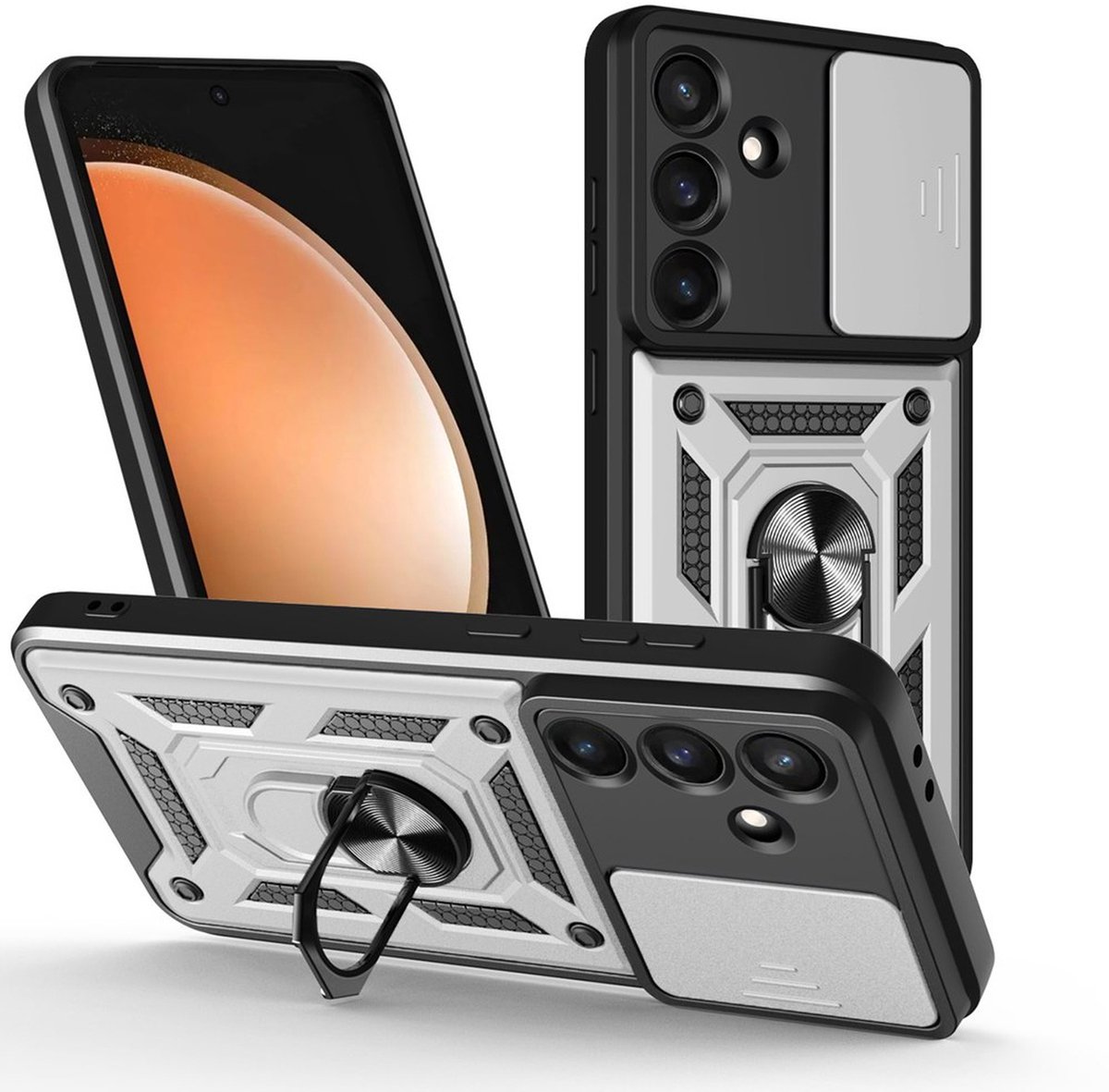 MobyDefend Hoesje - Geschikt voor Samsung Galaxy S26 FE - Pantsercase Met Draaibare Ring - Zilvergrijs