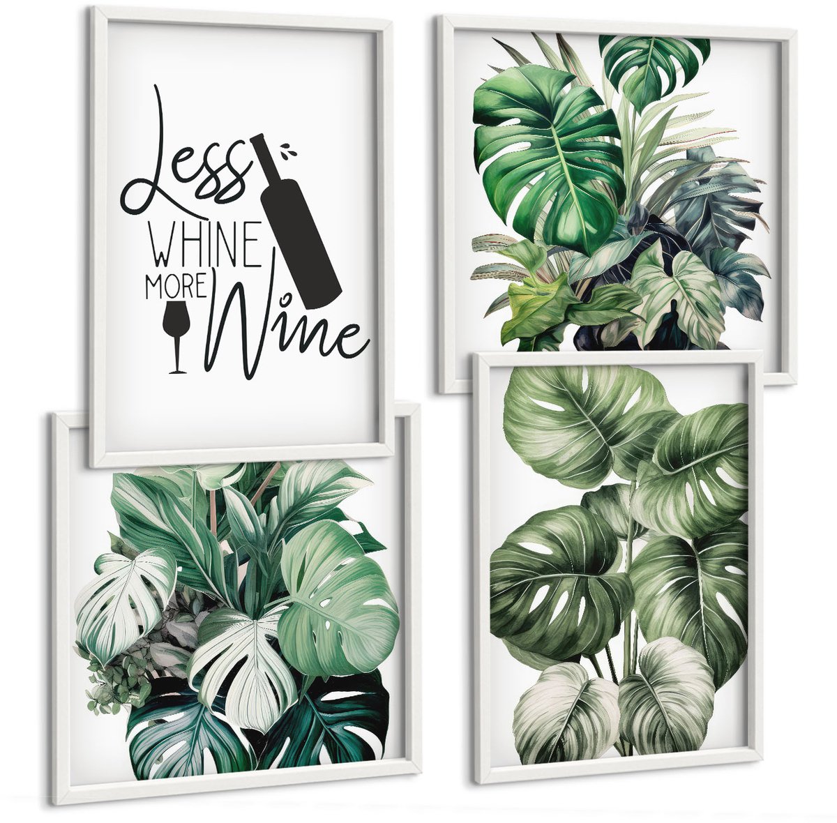 Wallfluent 4-Delige Schilderij Set - Groene Plantenbladeren Met Het Opschrift "Wijn". - 40 x 40 En 40 x 60 - Stijlvolle Muurdecoratie - Kantoor - Interieur Decoratie