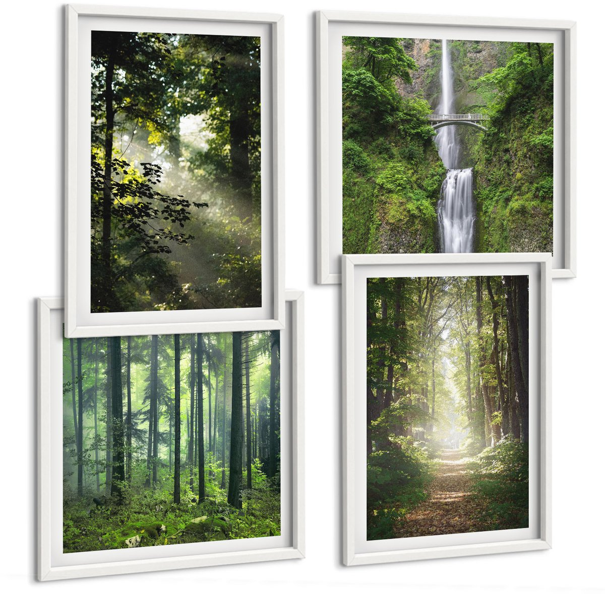 Wallfluent 4-Delige Schilderij Set - Groene Bossen Met Zonnestralen En Een Bospad - 40 x 40 En 40 x 60 - Moderne Wanddecoratie - Woonkamer - Interieur Decoratie