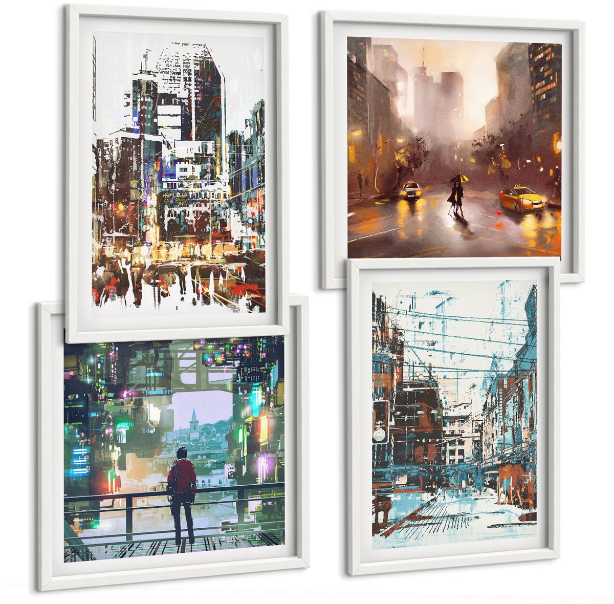 Wallfluent 4-Delige Schilderij Set - Moderne Steden In Kleur Met Een Figuur Op De Achtergrond - 40 x 40 En 40 x 60 - Wanddecoratie - Moderne Interieurdecoratie - Stijlvolle Muurdecoratie