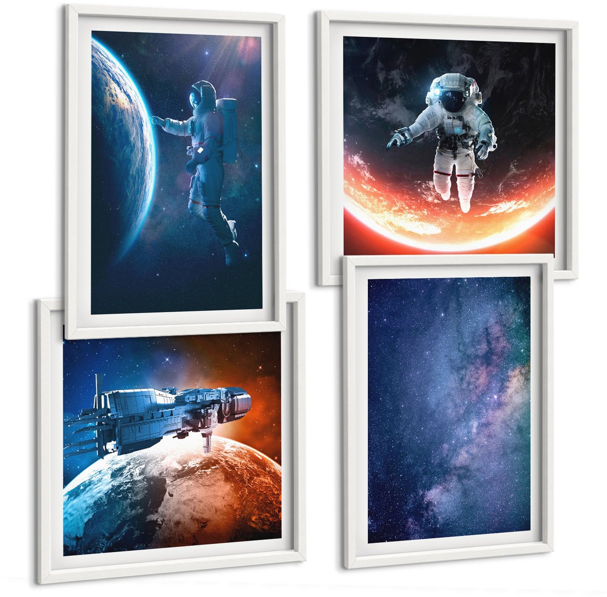 Wallfluent 4-Delige Schilderij Set - Uitzichten Vanuit De Ruimte: Astronauten In De Sterren - 40 x 40 En 40 x 60 - Wanddecoratie - Muurdecoratie - Moderne Interieurdecoratie - Moderne Wanddecoratie