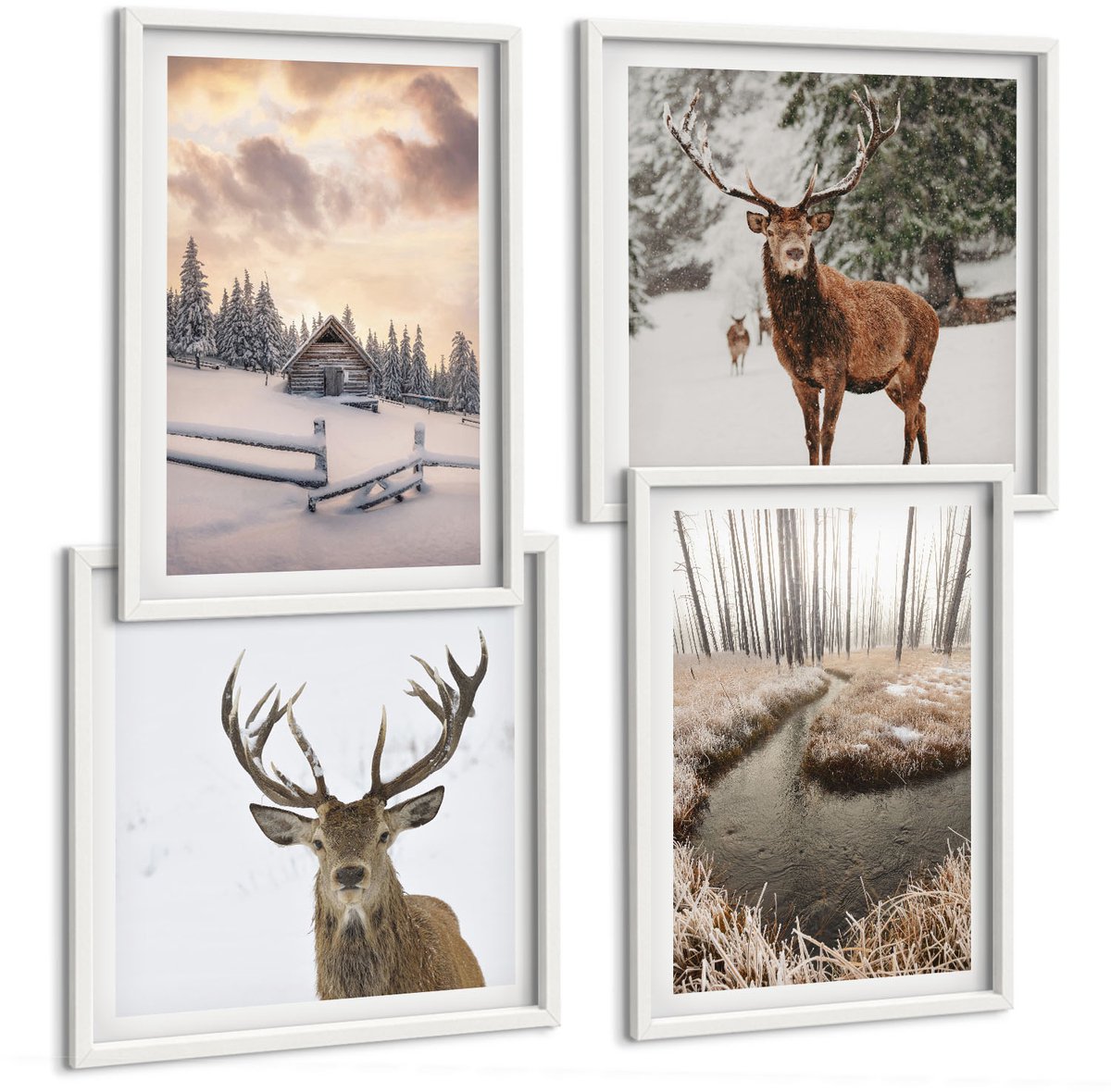 Wallfluent 4-Delige Schilderij Set - Winterlandschap Met Hertenhut En Beekje - 40 x 40 En 40 x 60 - Wanddecoratie - Woonkamer Decoratie - Muurdecoratie