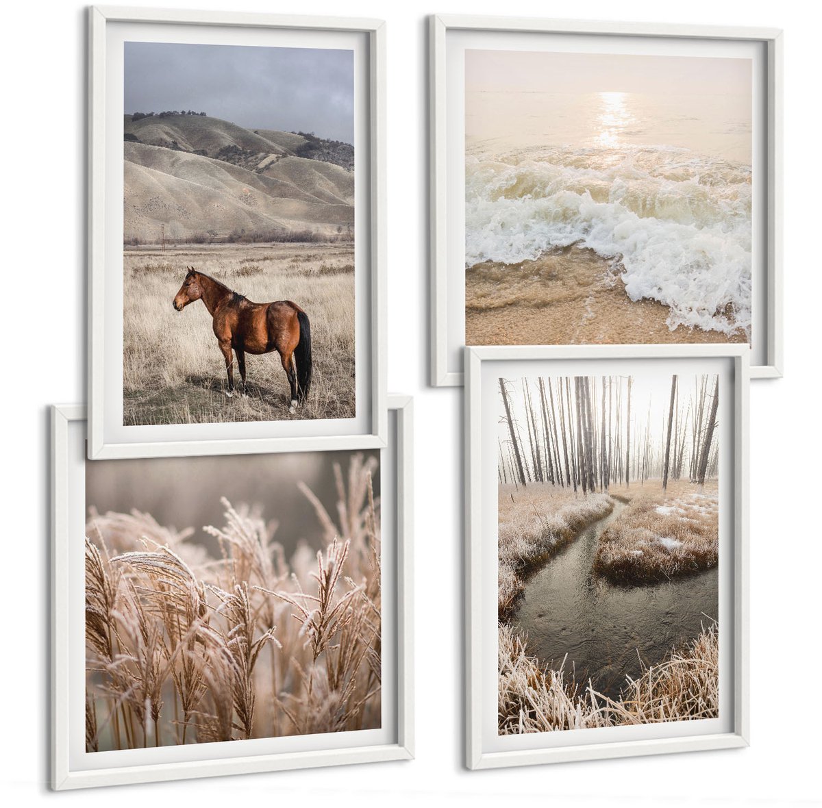 Wallfluent 4-Delige Schilderij Set - Paardenlandschap Van Zeegrasbos En Beek - 40 x 40 En 40 x 60 - Muurdecoratie - Schilderijen Set - Woonkamer - Stijlvolle Muurdecoratie