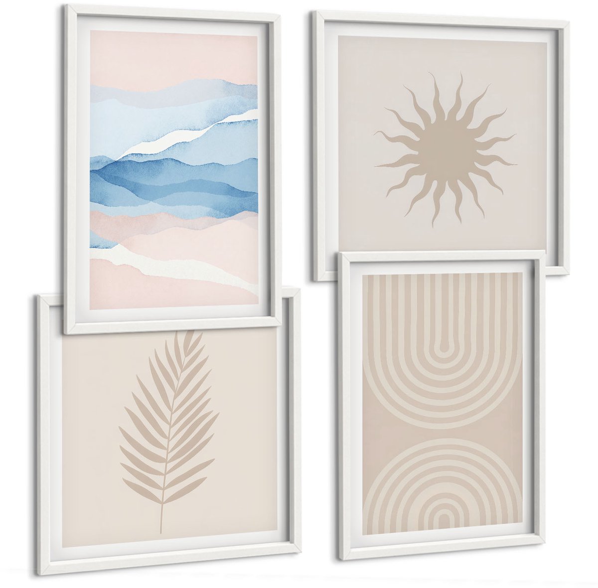 Wallfluent 4-Delige Schilderij Set - Zonnegolven En Abstracte Lijnen In Pastelkleuren - 40 x 40 En 40 x 60 - Wanddecoratie - Moderne Interieurdecoratie