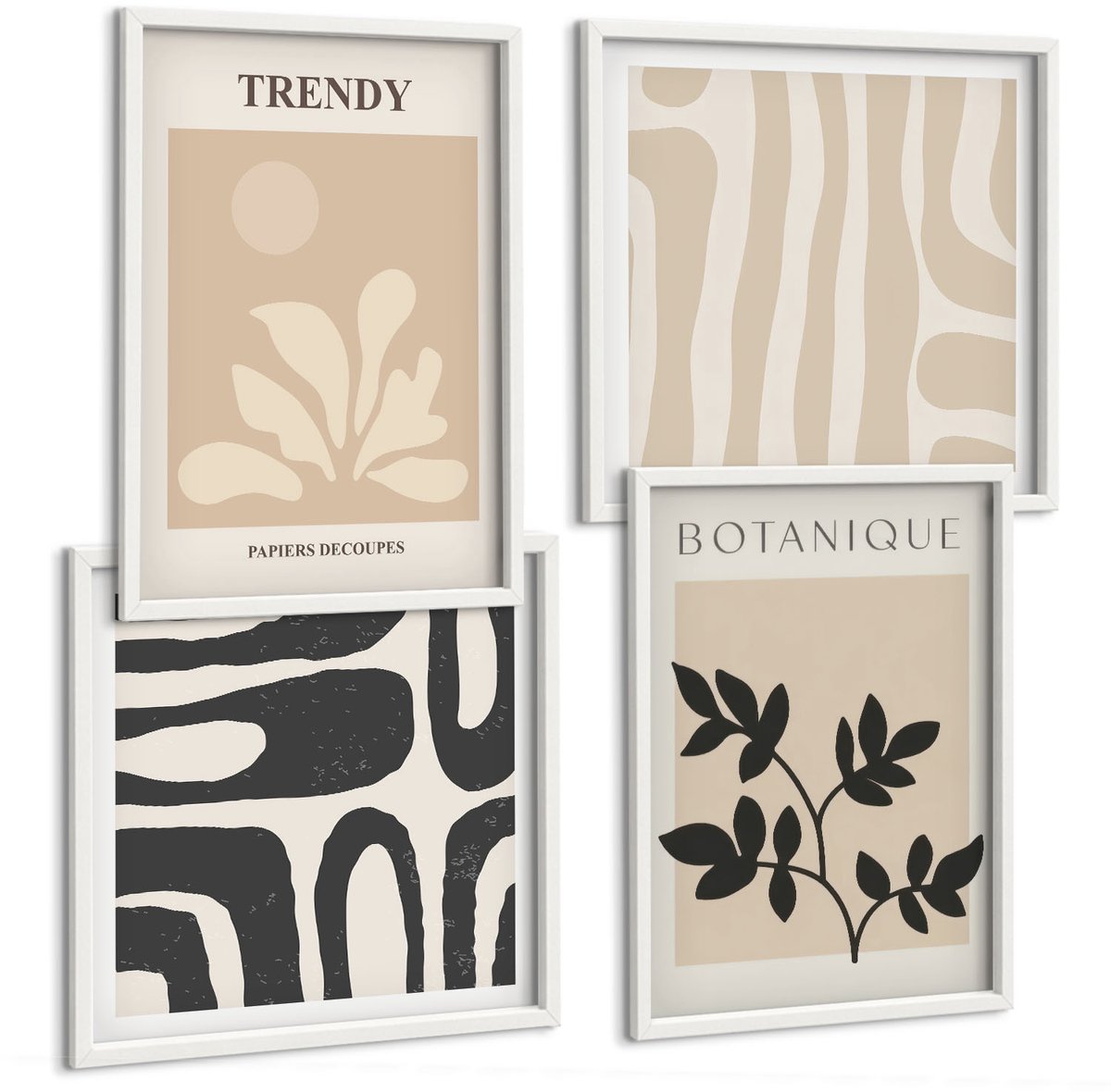Wallfluent 4-Delige Schilderij Set - Stijlvolle Plantenpatronen In Beige En Zwarte Tinten. - 40 x 40 En 40 x 60 - Moderne Wanddecoratie - Slaapkamer
