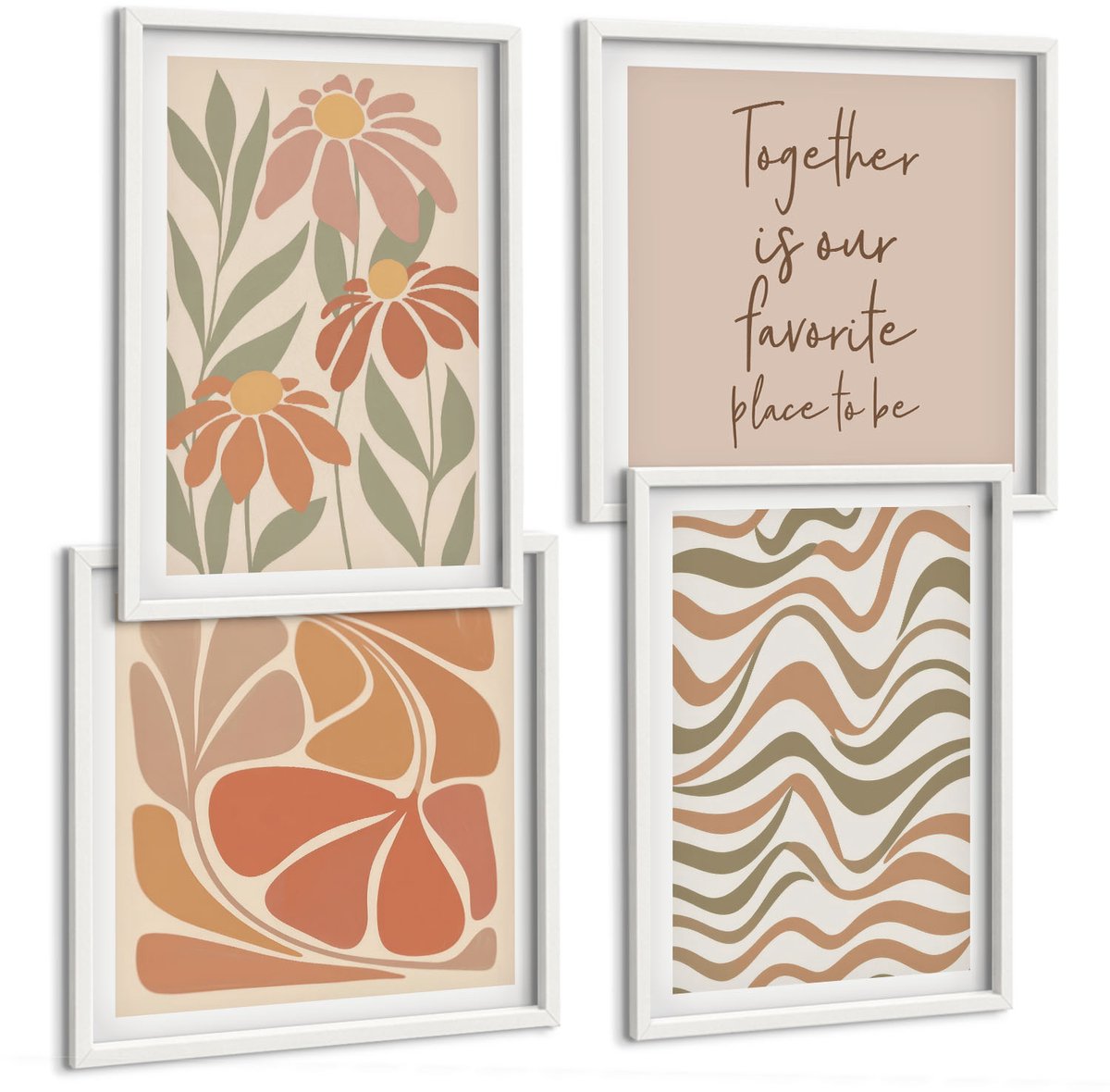 Wallfluent 4-Delige Schilderij Set - Pastelkleurige Bloemen En Abstracte Patronen - 40 x 40 En 40 x 60 - Decoratieve Schilderijen - Wanddecoratie - Hal - Moderne Wanddecoratie