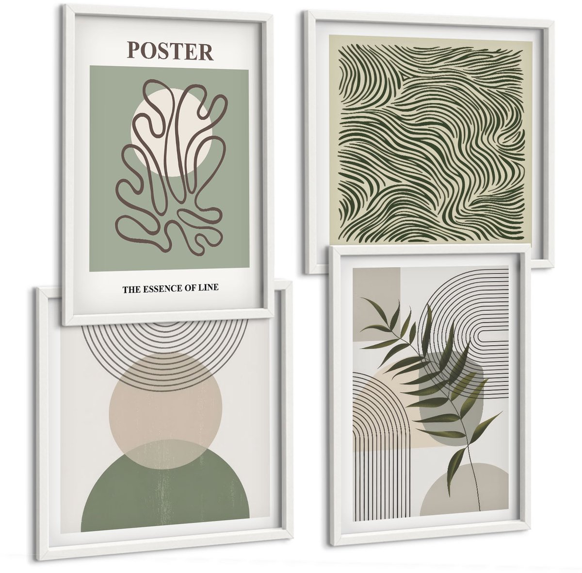 Wallfluent 4-Delige Schilderij Set - Geometrische Abstracte Botanische Patronen Poster - 40 x 40 En 40 x 60 - Muurdecoratie - Decoratieve Schilderijen - Wohnzimmer - Interieur Decoratie
