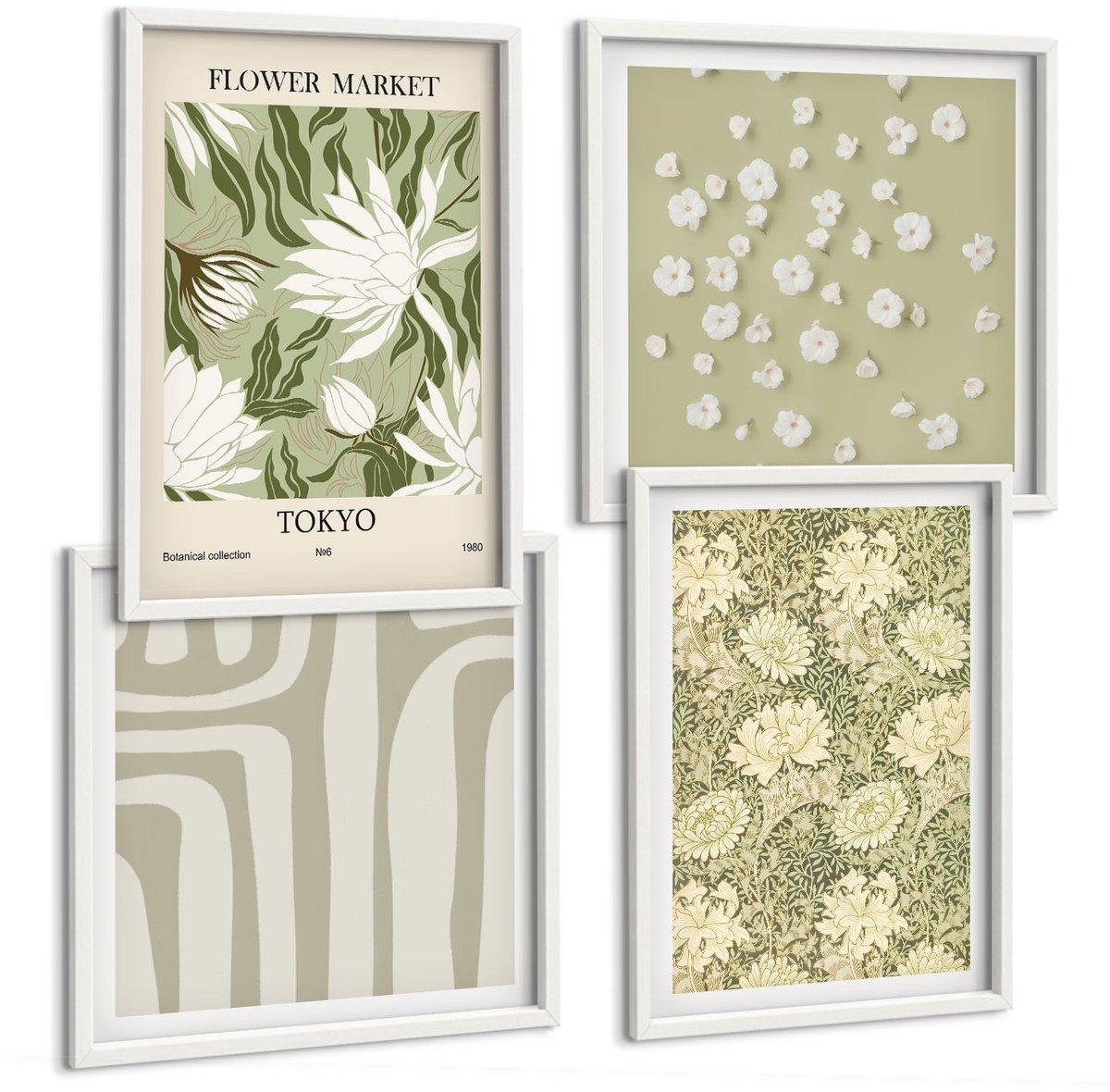Wallfluent 4-Delige Schilderij Set - Boho-Plantencomposities In Pastelkleuren - 40 x 40 En 40 x 60 - Decoratieve Muurdecoratie - Slaapkamer - Wanddecoratie