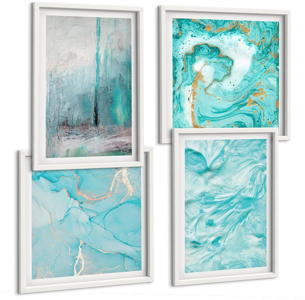 Wallfluent 4-Delige Schilderij Set - Verschillende Blauwtinten In Delicate Abstracte Patronen - 40 x 40 En 40 x 60 - Moderne Wanddecoratie - Woonkamer - Muurdecoratie