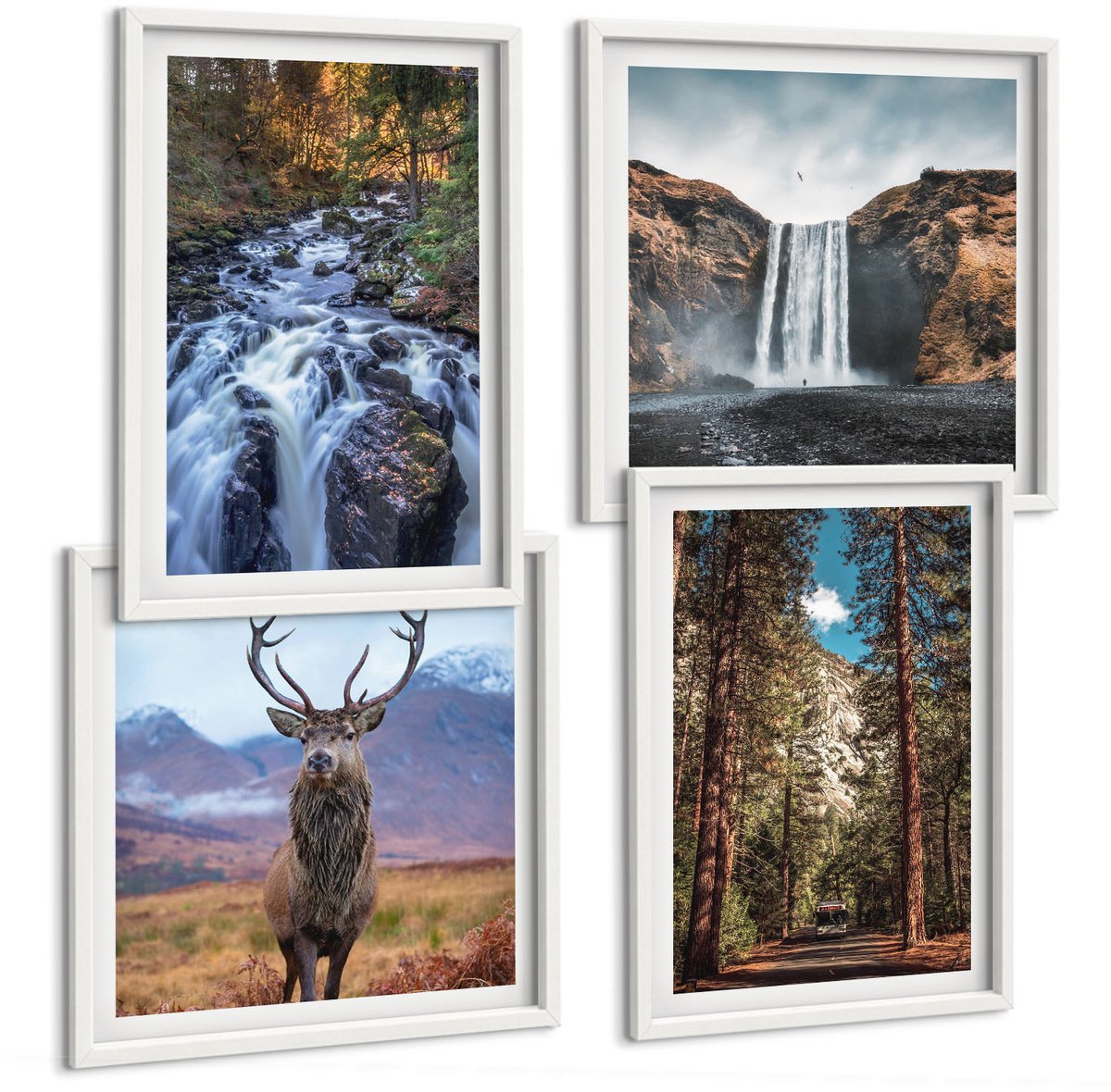 Wallfluent 4-Delige Schilderij Set - Waterval In Het Bosgebergte En Herten In De Natuur - 40 x 40 En 40 x 60 - Muurdecoratie - Schilderijen Set - Woonkamer