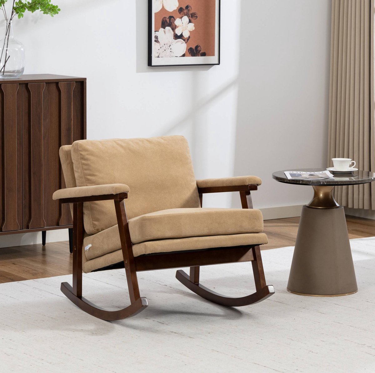 MODFU-Fauteuil-Schommelstoel-Lichtbruin-Velvet-Hout