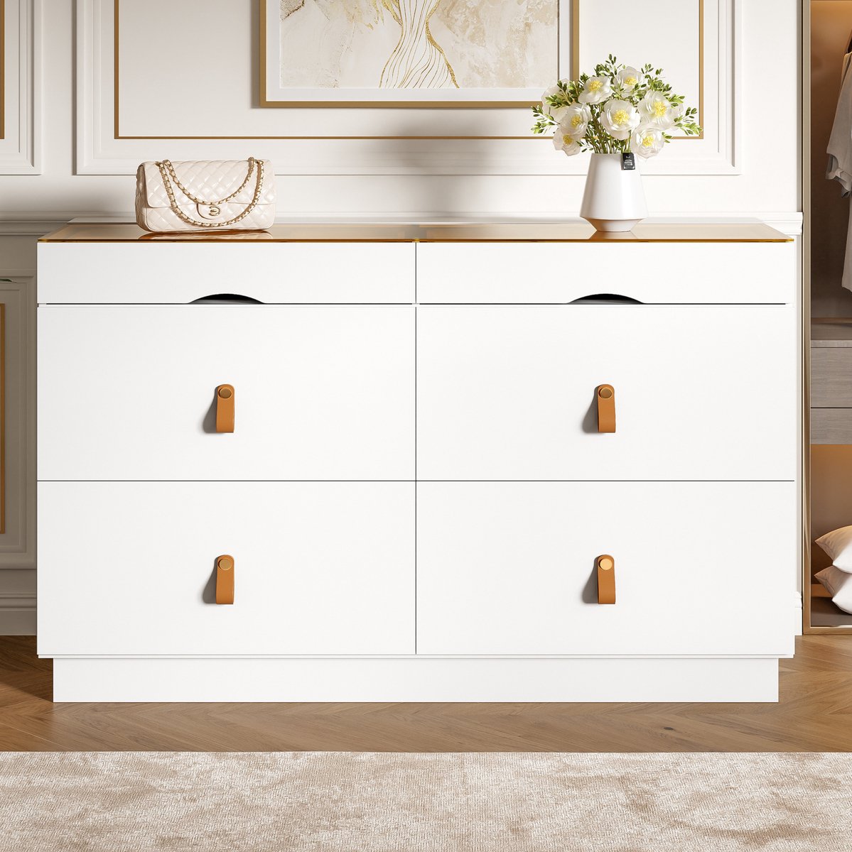 REDOM Dressoir - 6 lades - Transparant glasblad en vakverdeling - Kantelbeveiliging - Slaapkamer en woonruimte - Spaanplaat en glas - Wit - 120 x 40 x 78 cm