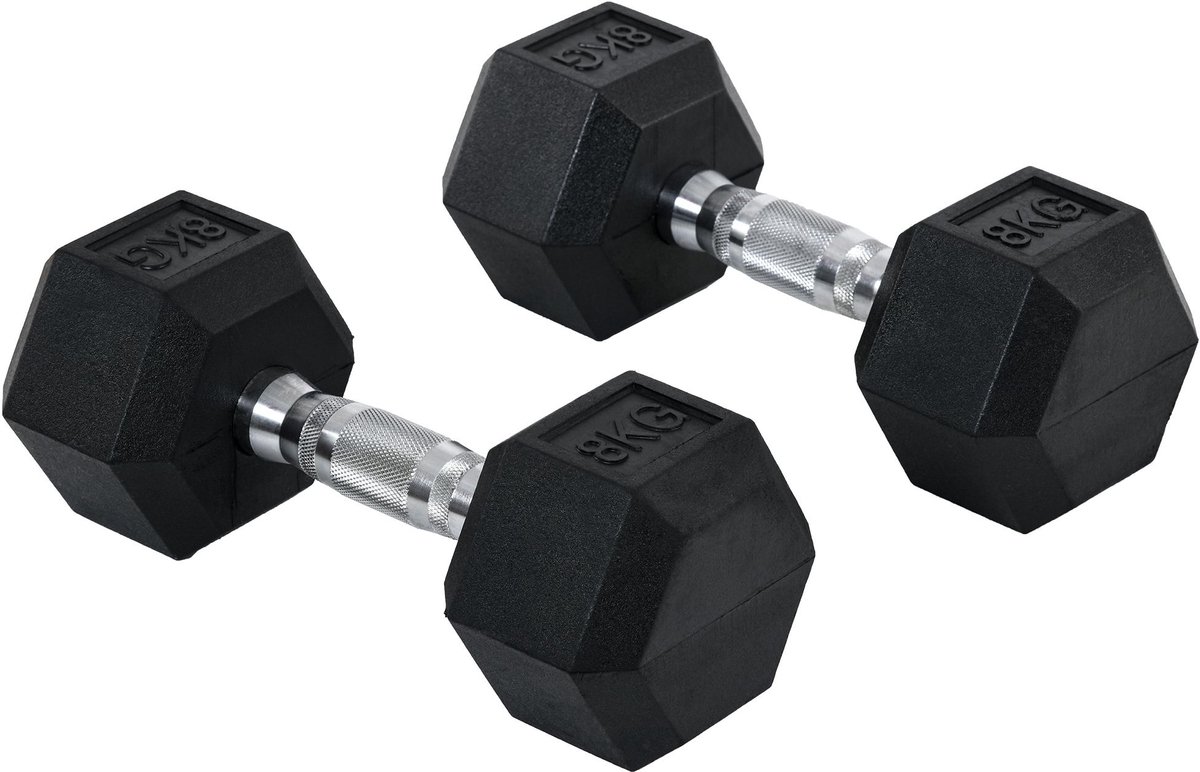 2x8kg halterset met metalen verbindingsstang, zeskantkop voor thuistraining, zwart en zilver