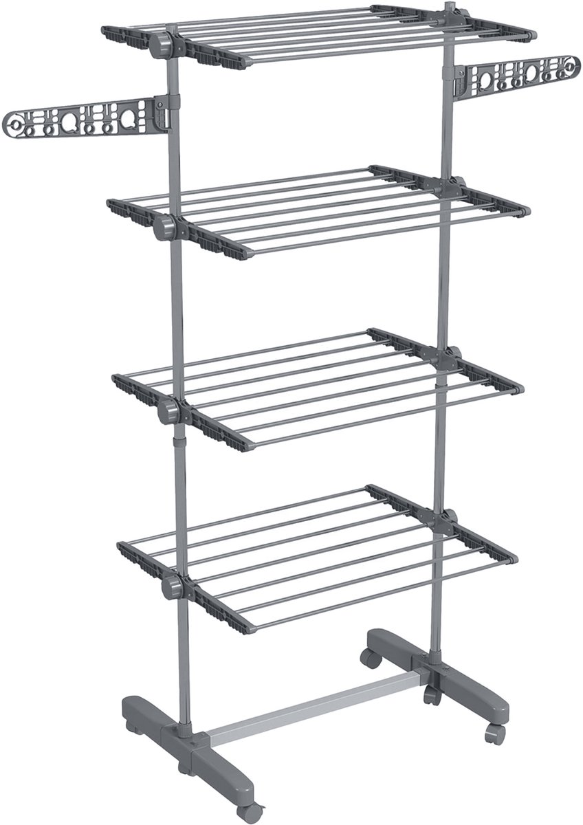 Grijze Wastoren 142 x 55 x 172 cm, Wasrek met 5 Niveaus, Opvouwbaar Droogrek met 6 Wielen, Inklapbaar Wasdroogrek, Verstelbare Etages, Sokkenhouders, Kledingrek voor Wasgoed, Badkamer en Balkon