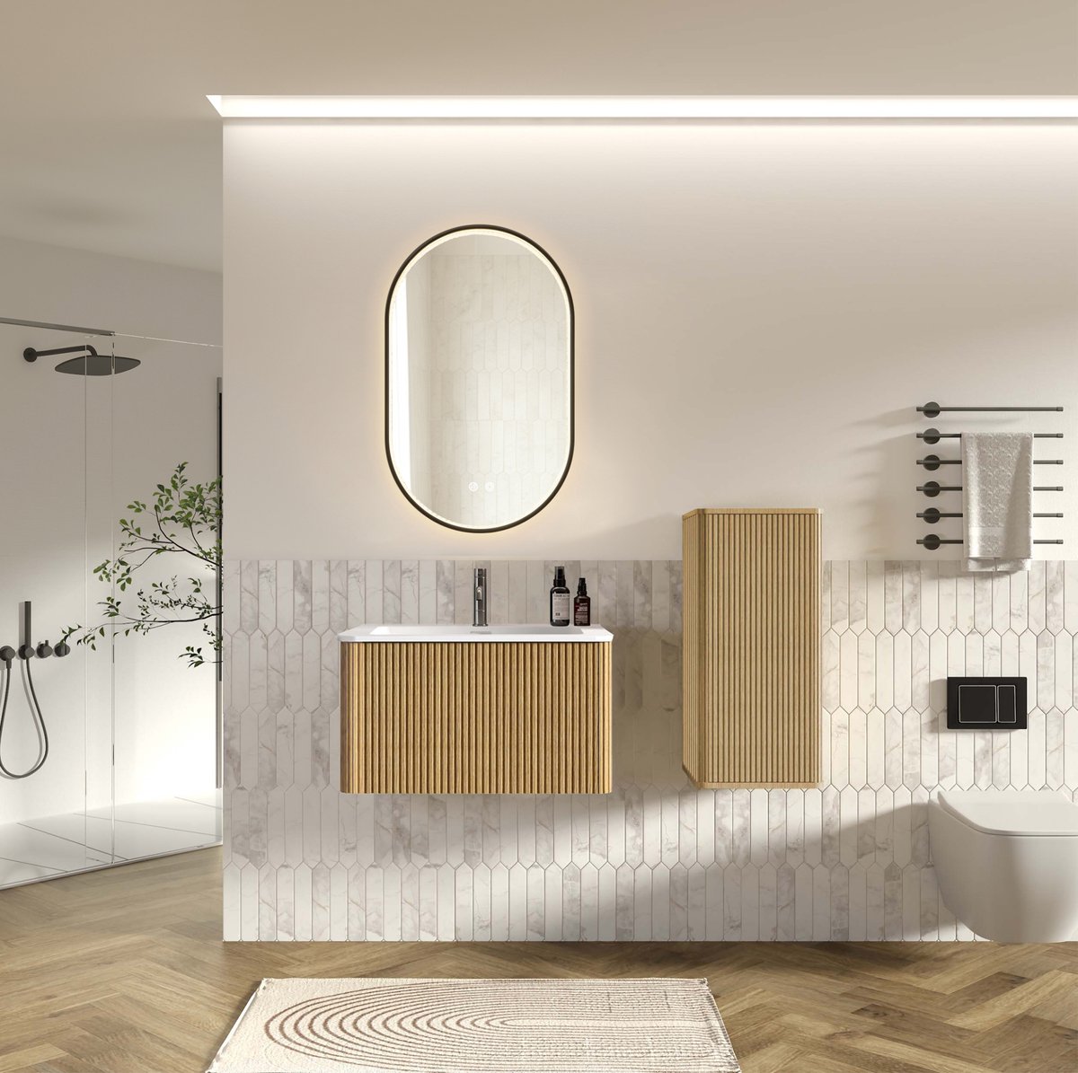 OKWISH Badkamermeubel Set - Wandhangend Met Wasbak, Zijkast En LED Spiegel - Modern Minimalistisch Voor Kleine Badkamers - Eiken Look - 80 Cm