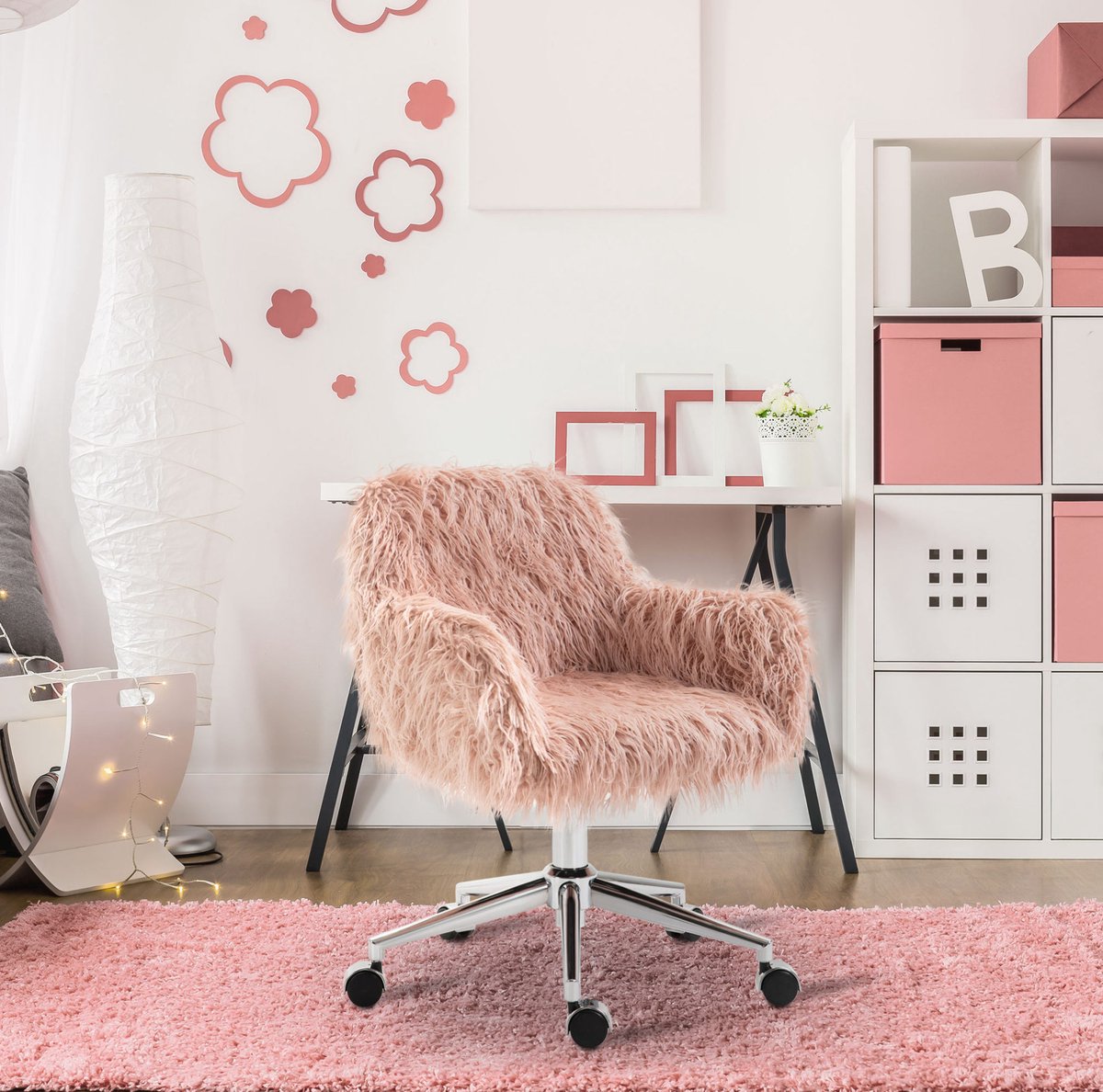 DESMIU Bureaustoel Roze - In Hoogte Verstelbaar - Ergonomisch Met Armleuningen En Wielen - Voor Slaapkamer En Werkkamer - Kunststof - Roze Zilver