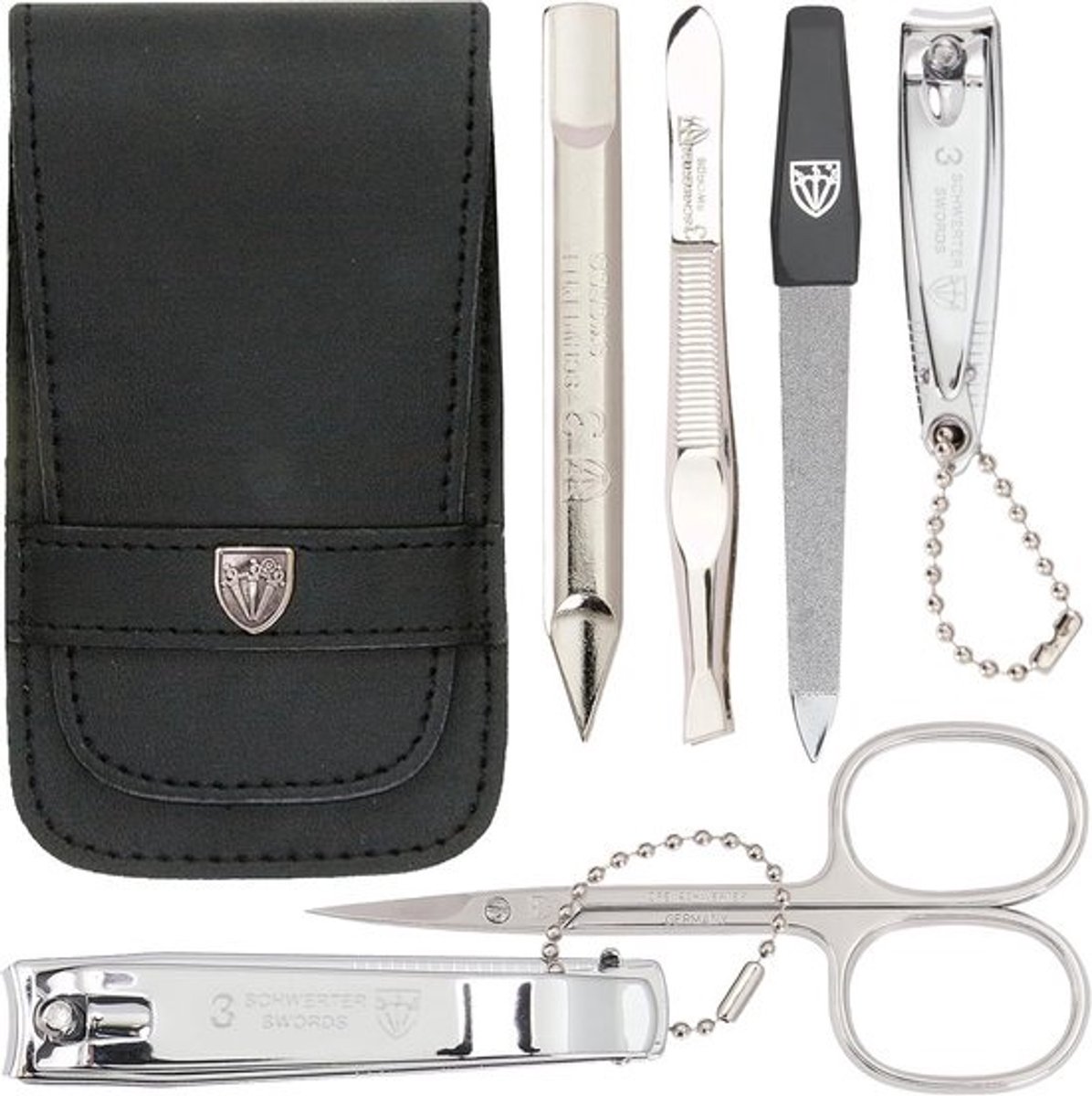 DREI SCHWERTER - Germany 6-delige manicureset 'Massa' | Manicure nagelset in zwart etui echt leer | Inhoud: huidschaar, nagelknipper, voetnagelknipper, saffier nagelvijl, pincet, nagelreiniger