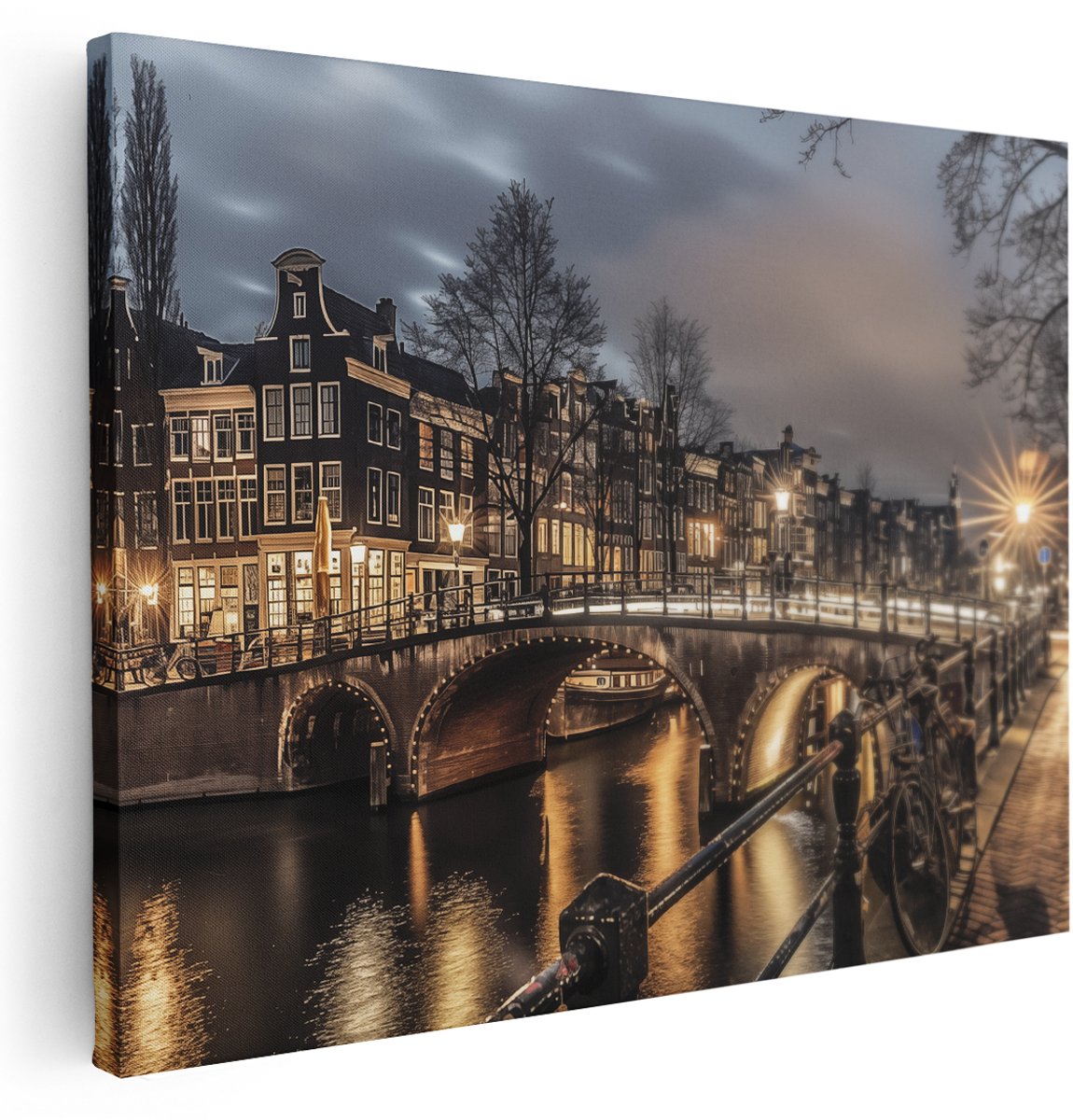 Artaza Canvas Schilderij Brug over een Kanaal - 160x120 cm - Groot - Wanddecoratie Woonkamer - Schilderijen - Muurdecoratie