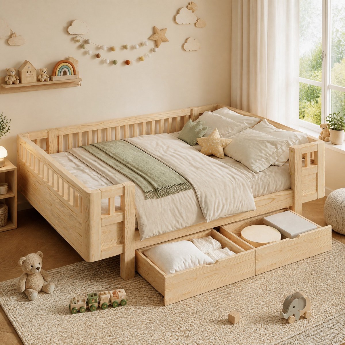 MODENUIT Bedframe 140 x 200 cm - Hoog Veiligheidshek En Twee Lades - Kinderkamer - Hout - Houtkleur