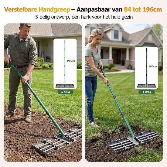 Grond Egalisatie Hark - 76 x 25 cm Tuin Hark voor Grond, Zand en Grind met Verstelbare Handgreep van 84-196 cm, Vouwbare Tuin Hark voor Efficiënte Bodemverzorging — afbeelding 2