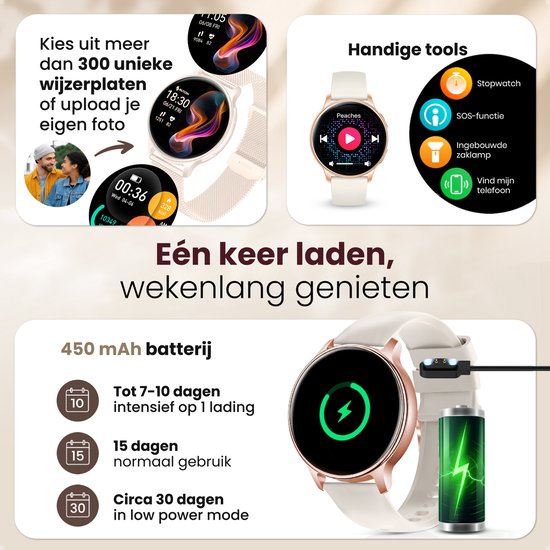 Gouden smartwatch aangesloten op een oplader, met pictogrammen die de lange batterijduur aangeven.