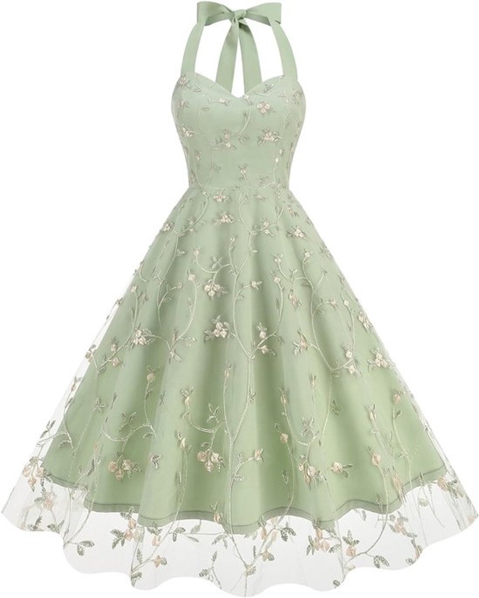 Dames Galajurk - Feestjurk Tule - Formele Gelegenheid - Bloemen Borduurwerk - Kort Mini - Groen