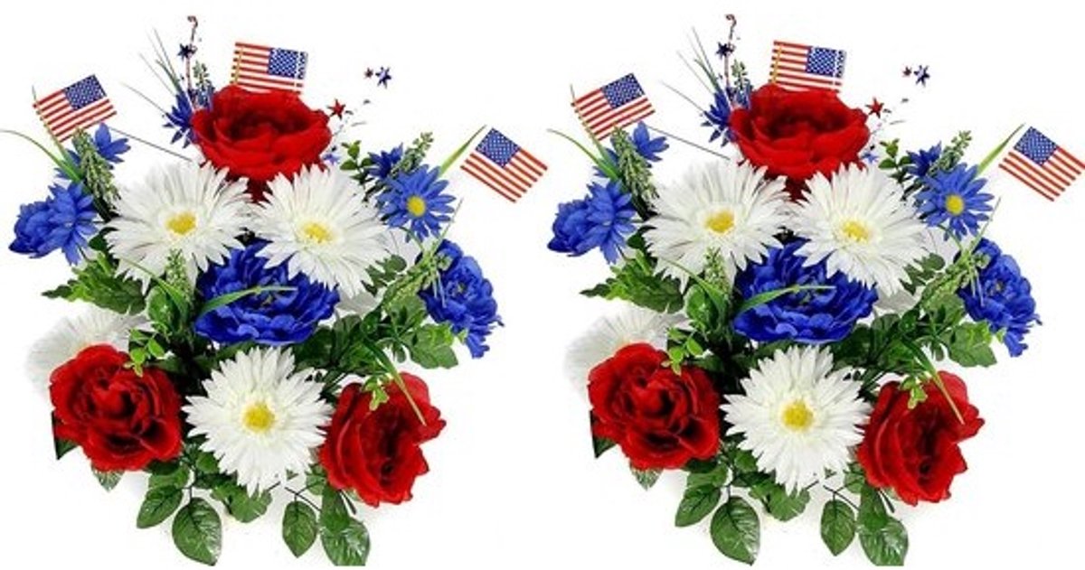Kunstbloemen met Vlaggen - Nepbloemen Decoratie - Memorial Day Versiering - Gemengde Struik - 23H x 13W Inch