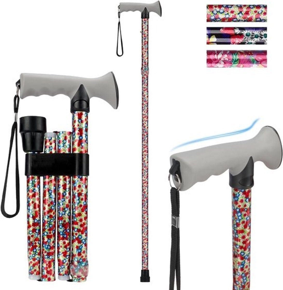 Opvouwbare Wandelstok - Verstelbare Steun - Ondersteuning Lopen - Lichtgewicht Aluminium - 85-95 cm - Wit Bloemenpatroon