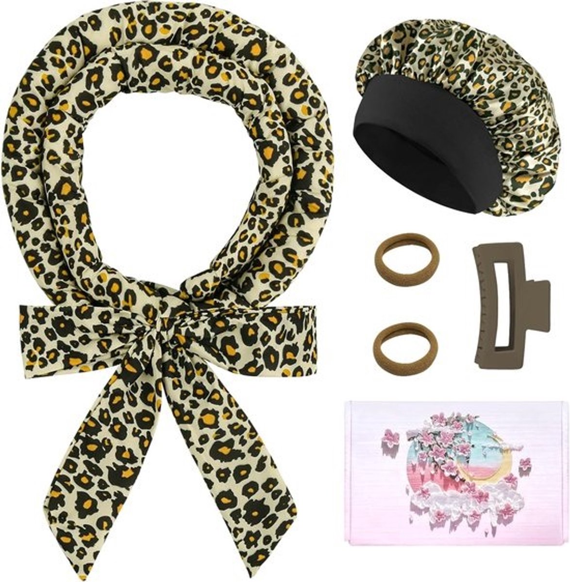 Hittevrije Satijnen Krulspelden voor Nachtelijk Gebruik - DIY Set voor Lang Haar met Geel Luipaardpatroon