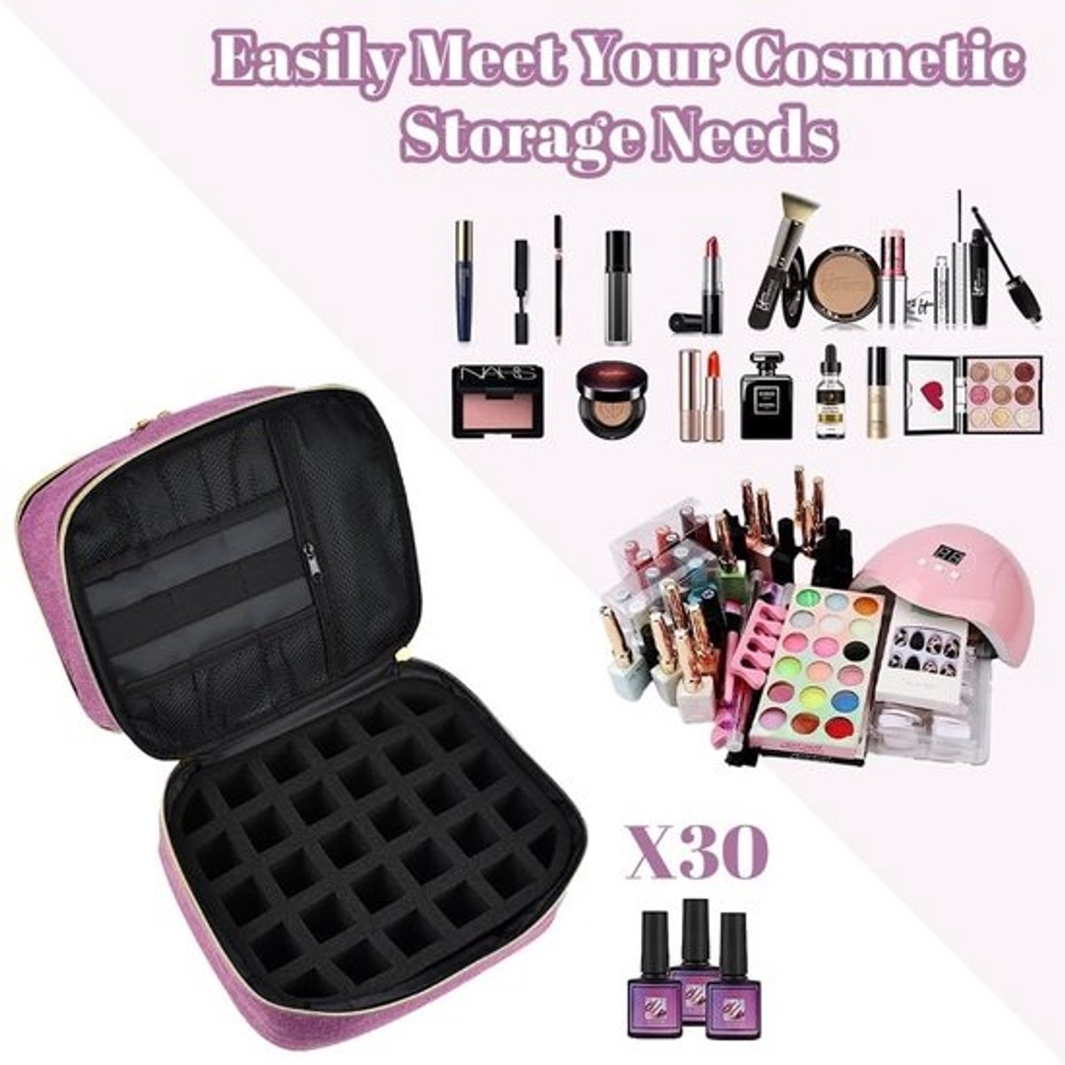 Dubbel Laags Kosmetische Koffer - Paars, Ideaal voor Make-up en Nagellak
