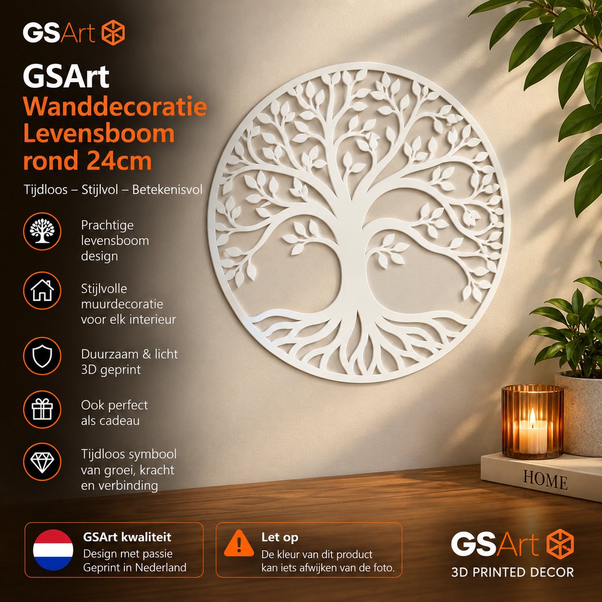 GSArt Wanddecoratie Levensboom Rond 24 cm – Muurdecoratie Tree of Life – 3D Geprint - Mat Wit