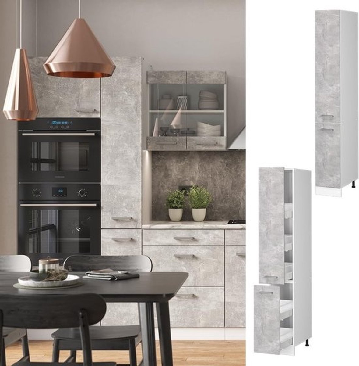 Smalle Apothekerskast 30 cm Beton en Wit voor Keuken of Opslag