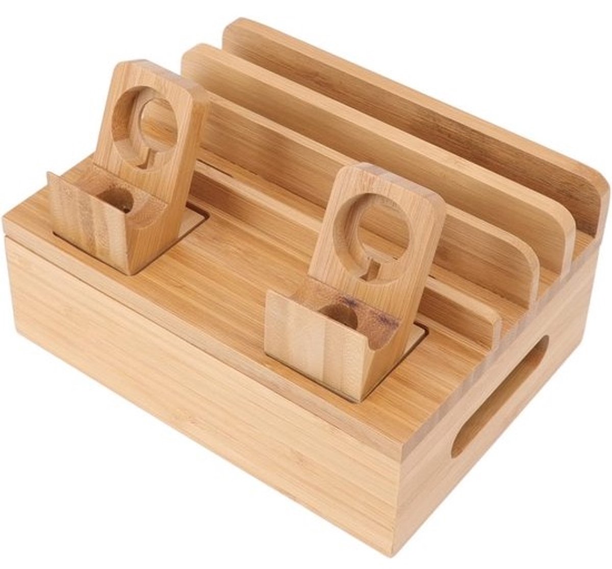 Houten Laadstation voor Meerdere Apparaten met 5 USB-poorten - Organizer voor Telefoons, Tablets en Horloges