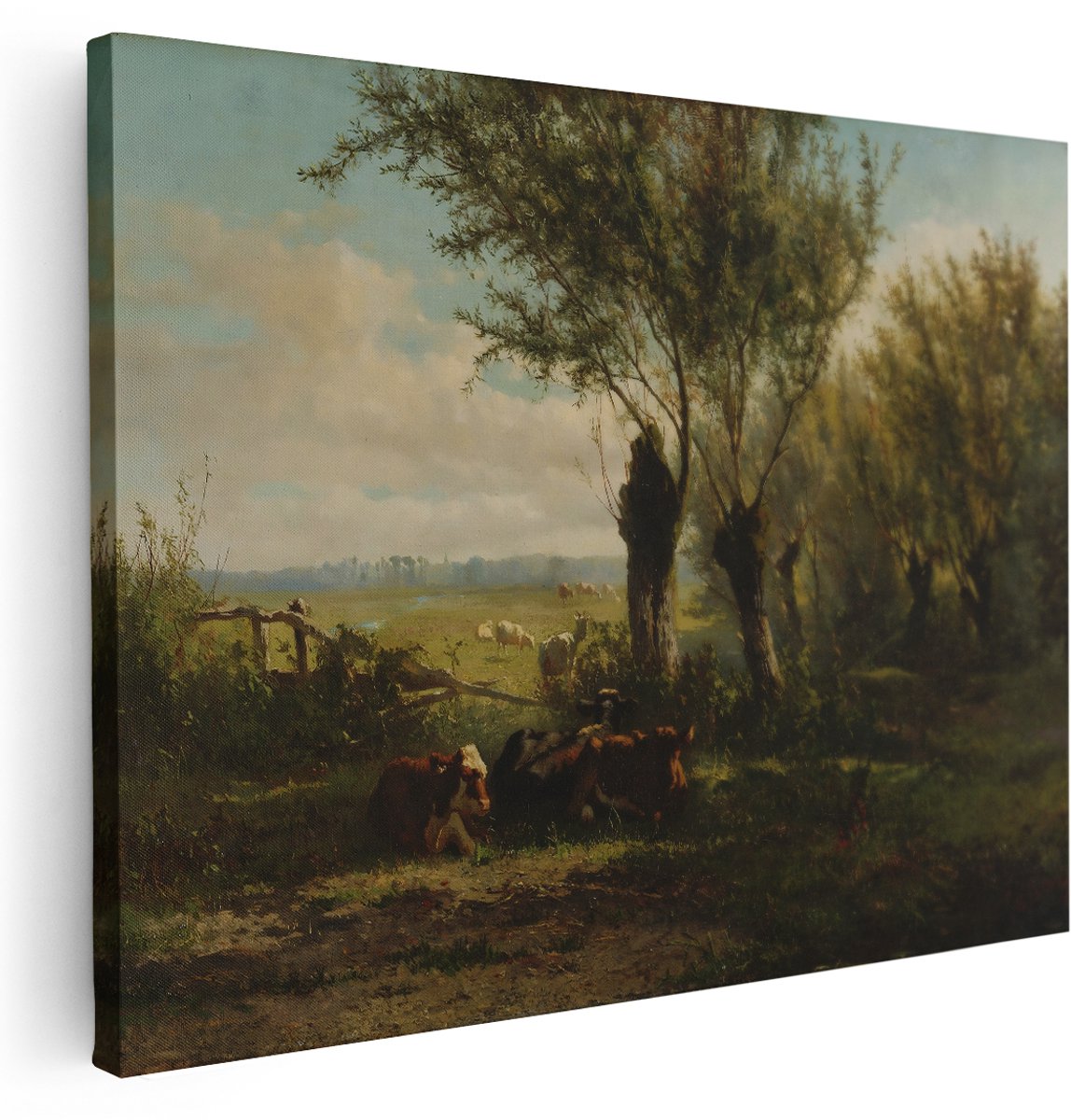 Artaza Canvas Schilderij Landschap - 160x120 cm - Groot - Wanddecoratie Koeien - Muurdecoratie Weiland - Decoratie Natuur - Kamer Accessoires