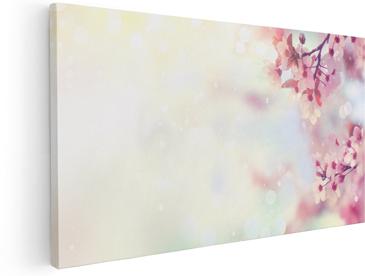 Artaza Canvas Schilderij Roze Bloesemboom Met Zonneschijn - 180x90 cm - Groot - Wanddecoratie Woonkamer - Schilderijen - Muurdecoratie