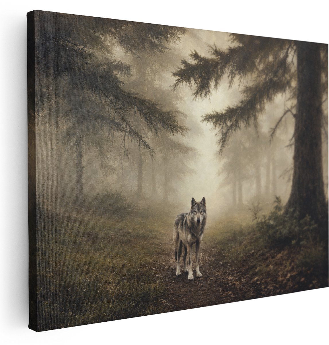 Artaza Canvas Schilderij Wolf In Mistig Bos - Natuur - Dieren - 160x120 cm - Groot - Klein - Wanddecoratie Woonkamer - Schilderijen - Muurdecoratie