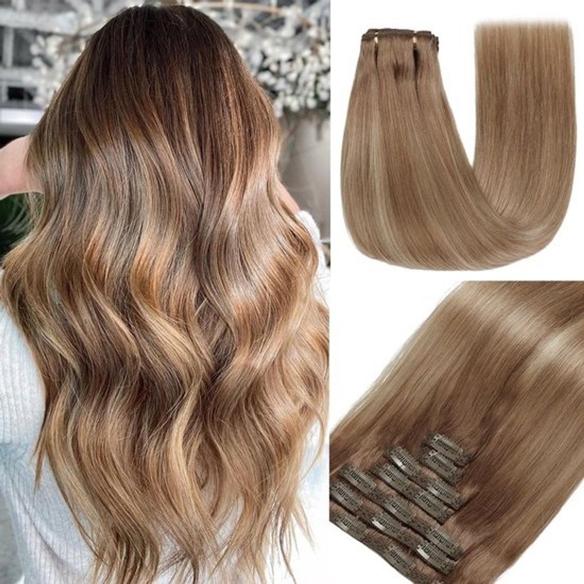 Natuurlijke Clip-in Haarverlenging Echt Haar 55 cm Lichtbruin & Goudblond Highlights