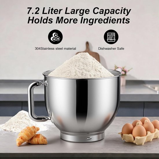 Keukenmachine - Mixer Deegmaker - Bakken en Mixen - Krachtige 1800W Motor - 7.2 Liter Kom - Zilver — afbeelding 5