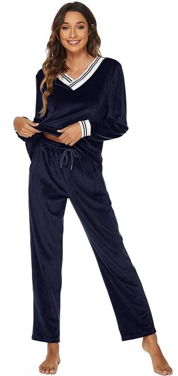 Dames Velours Trainingspak Tweedelig Joggingpak - Winter Pyjama Set - V-hals Pullover en Lange Broek