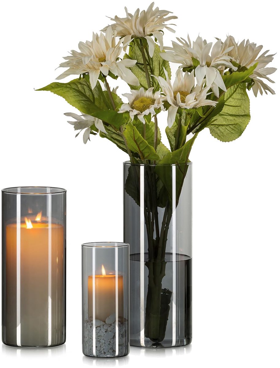 Famanu 3-delige windlicht glas set, moderne woonkamer decoratie met zwarte vaas en kaarsenhouder, glazen cilinders met voet, 15/20/25 cm Grijs