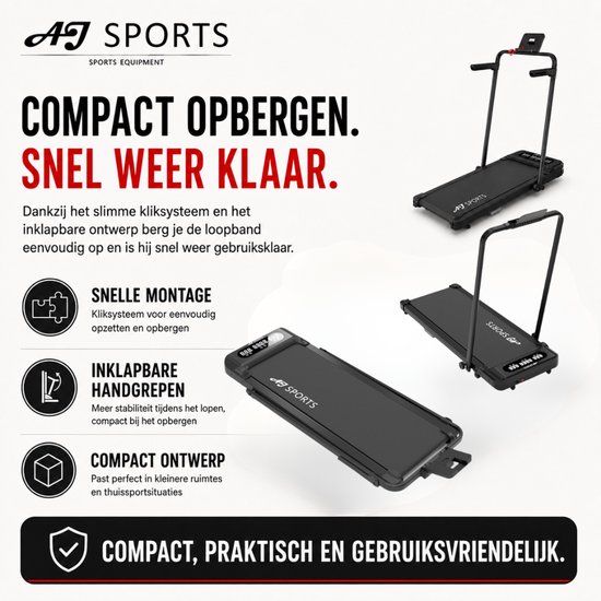 Compacte, zwarte AJ-Sports loopband die snel te monteren en inklapbaar is voor eenvoudige opslag.