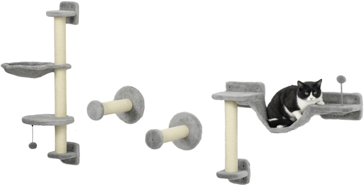4-delig klimspel voor katten met hangmat, bal en platformen, 84,5x19x54 cm, grijs en beige