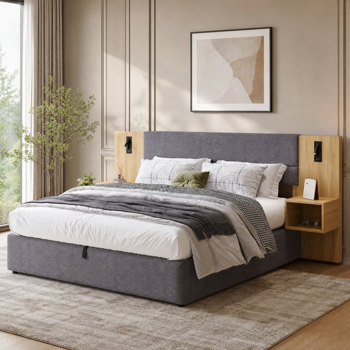 Wishdor Gestoffeerd bed 160x200 cm - Met verlichting en usb-aansluitingen - Inclusief 2 nachtkastjes met opbergruimte - Zacht samet - Grijs en natuur