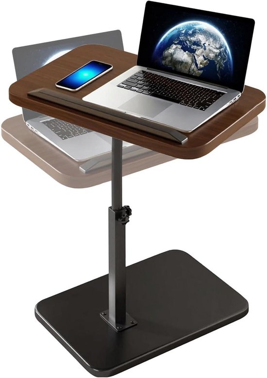 Verstelbare bijzettafel met bruin blad, zwart frame en ruimte voor een laptop en telefoon.