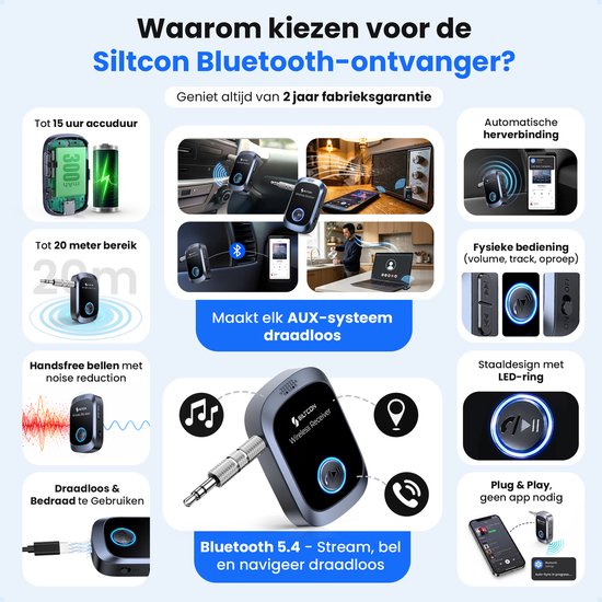 Siltcon® Bluetooth Receiver - BT 5.4 - 3.5MM AUX - Bluetooth Ontvanger - Bluetooth Audio Receiver - Bluetooth Auto via AUX - Aux Bluetooth - Handsfree Bellen - Universeel Auto, Speaker, Tablet, Laptop & Telefoon - USB-C Oplaadbaar - Incl. Aux kabel van Siltcon — afbeelding 2