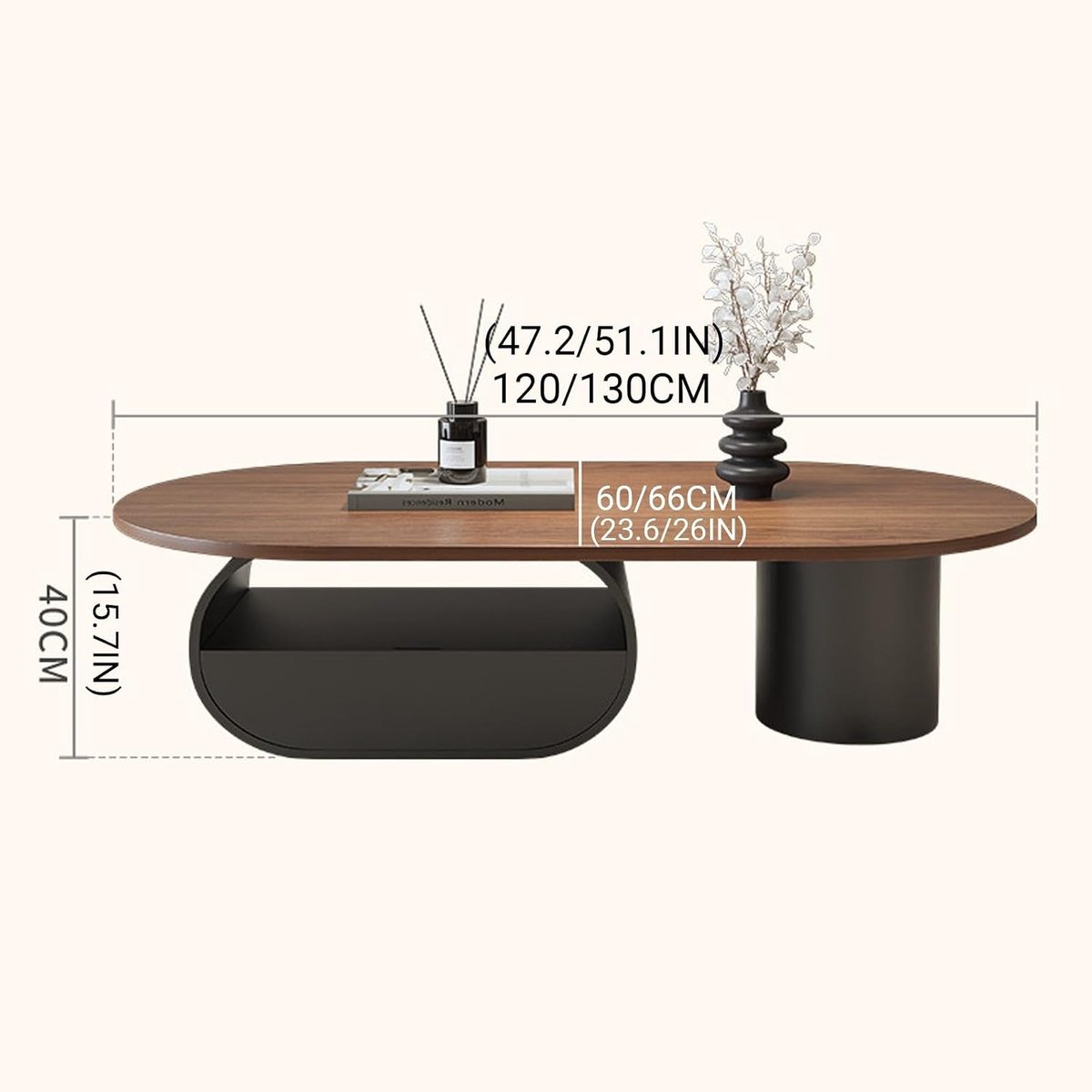 Salontafel Ovaal met Opbergruimte 130 cm Walnoothout Look Zwart – Moderne Houten Koffietafel met Lade en 3 Opbergvakken voor Woonkamer, Kantoor en Lounge – Mobili Bella