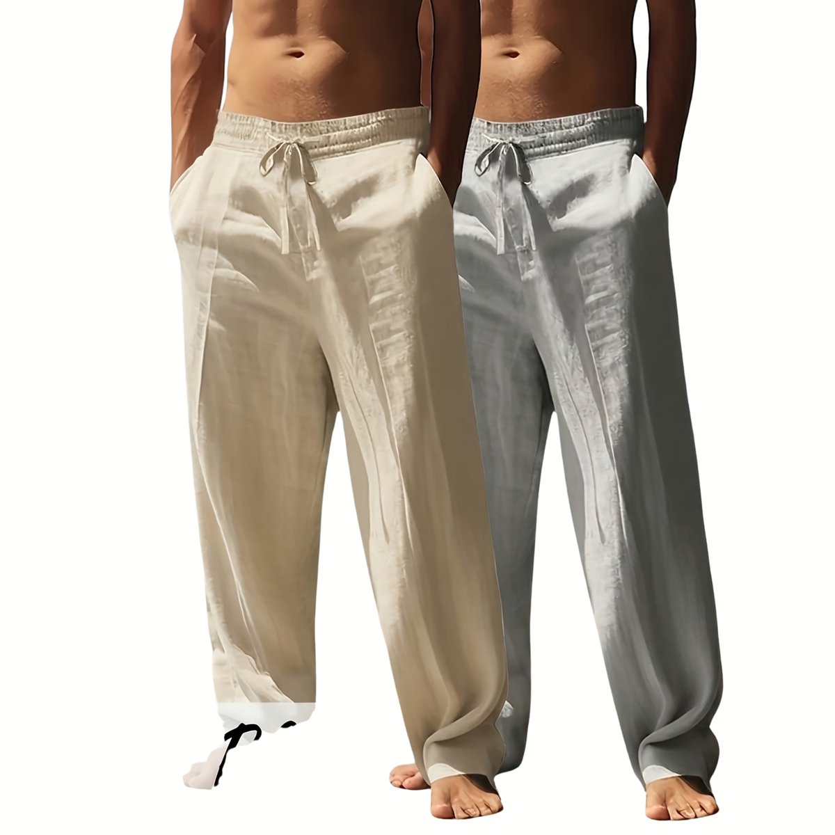 Currero Linnen Broek Heren - Zomerbroek - Volwassenen - Lange Broek - Pantalon - Strandbroek - Zomer - Ibiza Stijl - Khaki + Grijs XXL