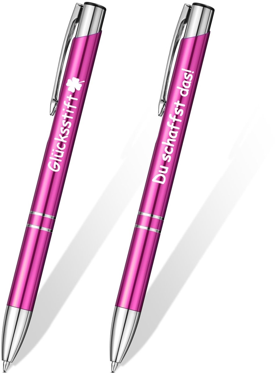 Dailygoods- Balpen Intrekbaar - 2 Stuks - Metaal - Gegraveerde Geluksstift - Inspirerende Drukbalpen - 14 cm - Roze